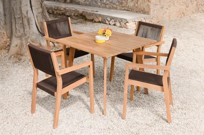 Set dining exterior din lemn de tec și frânghie, masă și 4 scaune, 5 piese, finisaj natural, „Terrawood”
