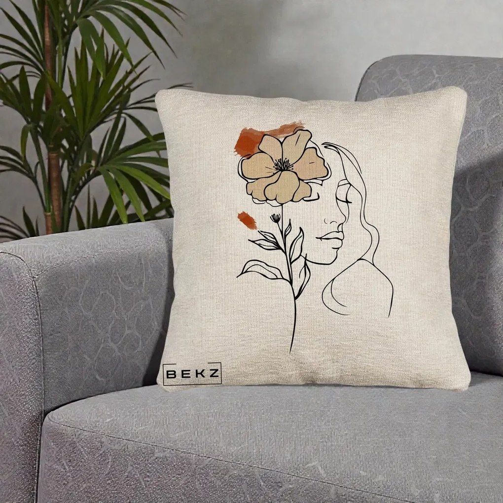 Perna Decorativa Portret Feminin Floare Bej Terracotta, 40x40 cm, Bej Canapea, Husa Detasabila, Perna Inclusa, BEKZ®