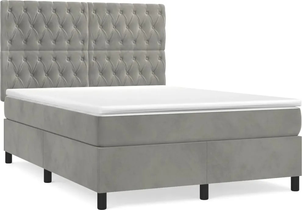 vidaXL Pat box spring cu saltea, gri deschis, 140x200 cm, catifea