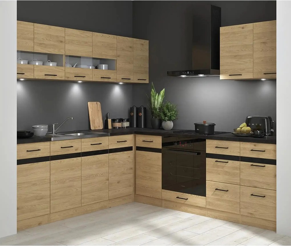 Set bucatarie JUNONA LINE, stejar, PAL, 220x240 cm, stanga, cu blat ne