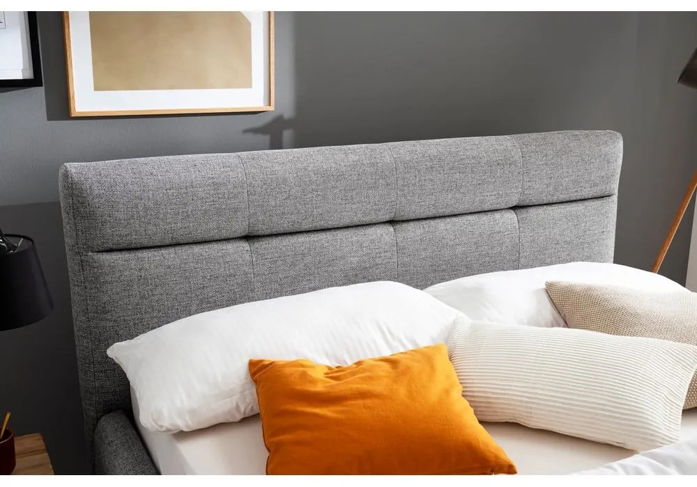 Pat matrimonial gri tapițat cu spațiu de depozitare cu somieră 160x200 cm Lotte – Meise Möbel