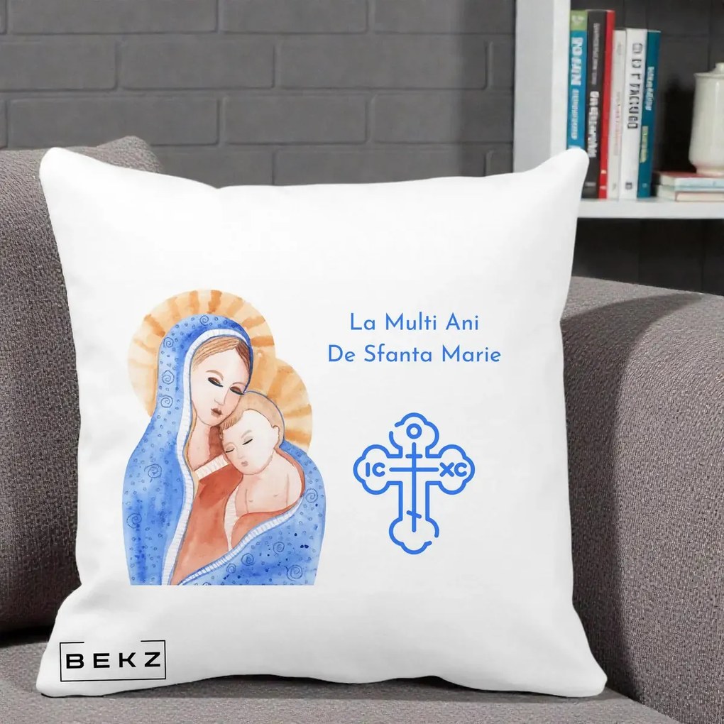 Cadou de Onomastica - Perna Personalizata Sfanta Marie Icoana Acuarela, 40x40 cm, Alba Mata, Husa Detasabila, Perna Inclusa, BEKZ®
