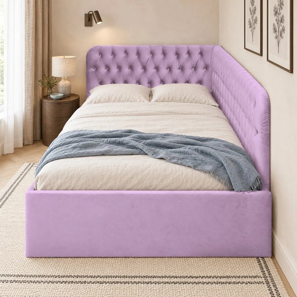 Pat tapițat pentru copii din catifea Elyra 140×200 cm, lila, colț dreapta, cu ladă de depozitare