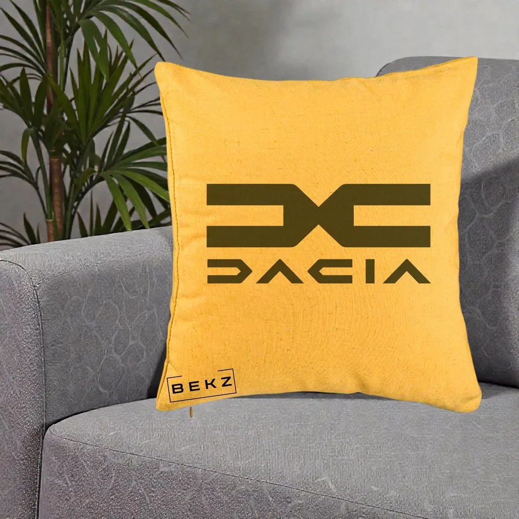 Perna Personalizata cu emblema Dacia, 40x40 cm, Galben, Husa Detasabila, Perna Inclusa, BEKZ®