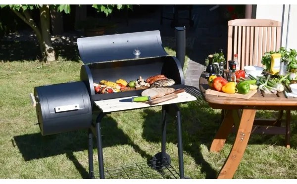 Grătar cu cărbuni cu afumătoare, negru/lemn