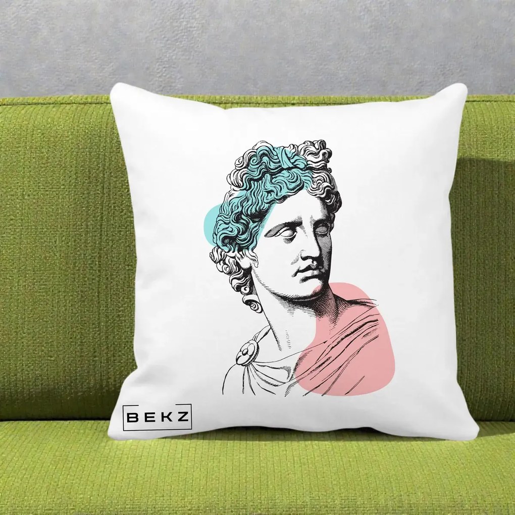 Perna Decorativa Bust Grec Vaporwave, 40x40 cm, Alba Mata, Husa Detasabila, Perna Inclusa, BEKZ®