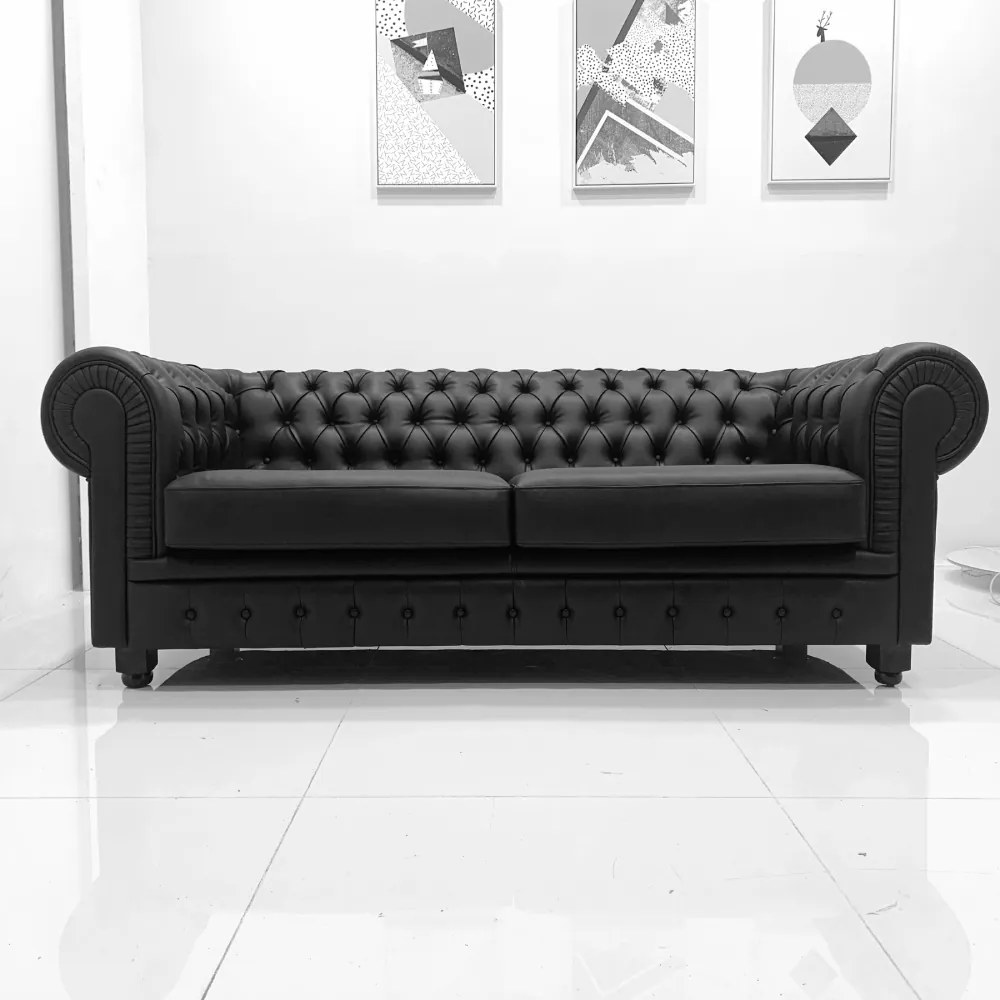 CANAPEA LUX CHESTERFIELD, 218X100X67 CM, PIELE ECOLOGICA, CULOARE NEGRU, SEZUT SPUMA, CADRU LEMN