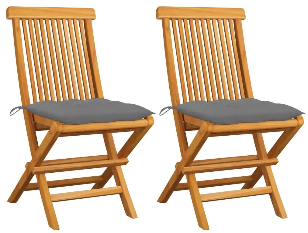 vidaXL Scaune de grădină cu perne gri, 2 buc., lemn masiv de tec