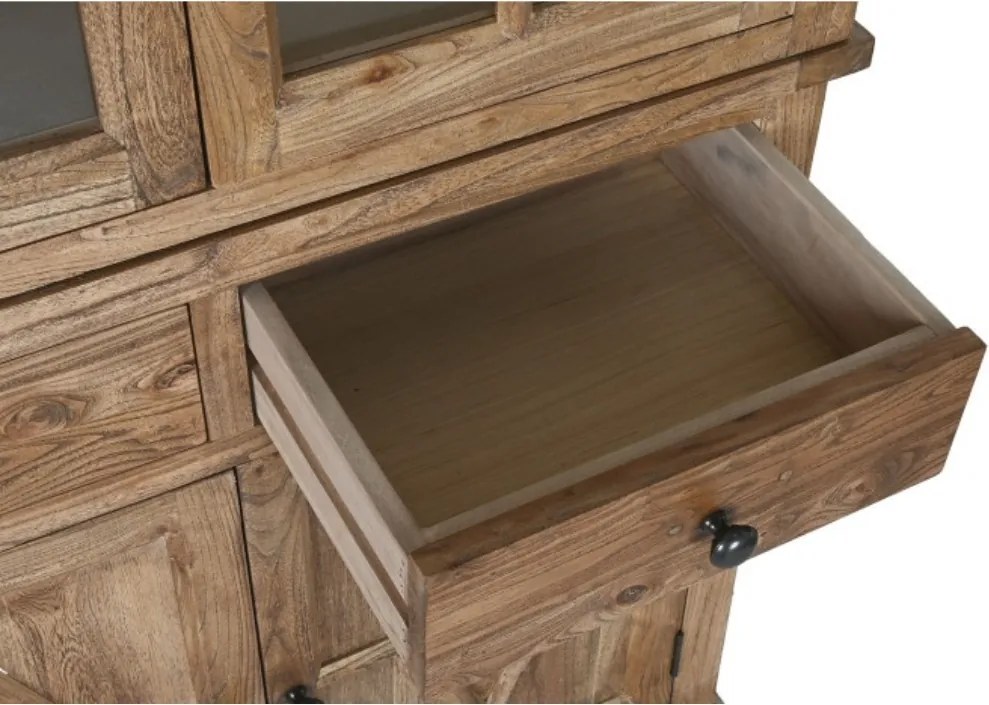 Bufet vitrină din lemn de ulm reciclat, natur, cu 2 uși vitrate, 2 uși închise, 2 sertare și 3 rafturi, finisaj natural, 220 x 100 x 45 cm, „Elmwood”