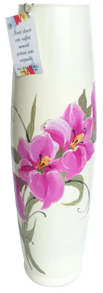 Vaza Dunia, sticla pictata manual, crem, model floral, H 49 cm