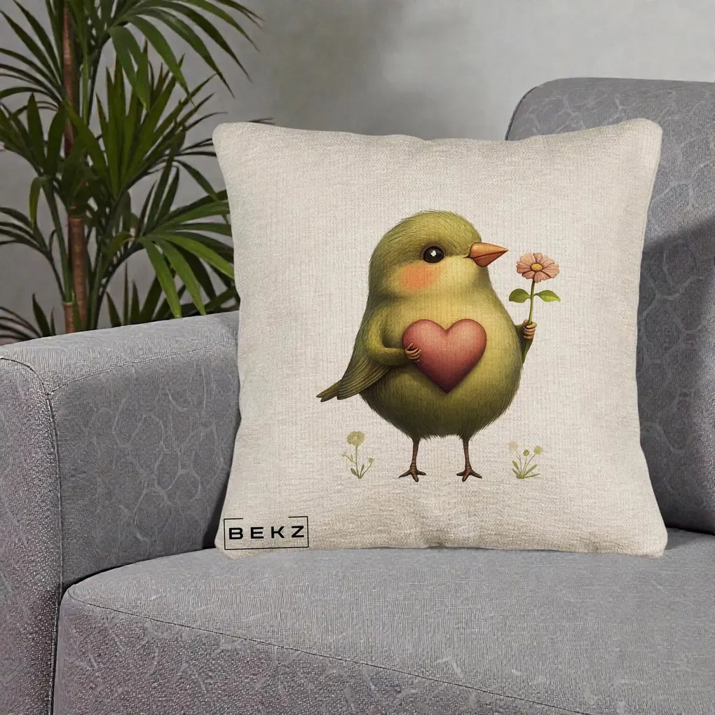 Perna Decorativa Pasare Verde cu Inima si Floare, 40x40 cm, Bej Canapea, Husa Detasabila, Perna Inclusa, BEKZ®