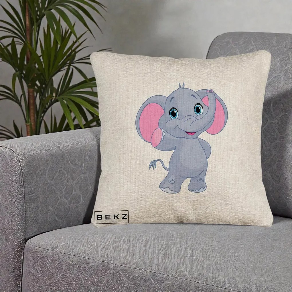 Perna Decorativa Pui de Elefant Kawaii, 40x40 cm, Bej Canapea, Husa Detasabila, Perna Inclusa, BEKZ®