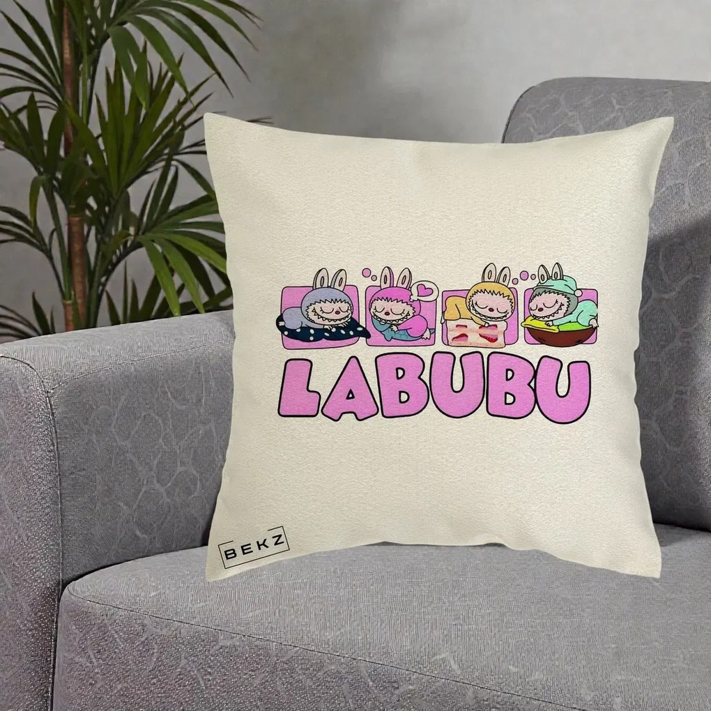 Perna Personalizata Labubu Sleeping Quad, 40x40 cm, Ecru, Husa Detasabila, Perna Inclusa, BEKZ®