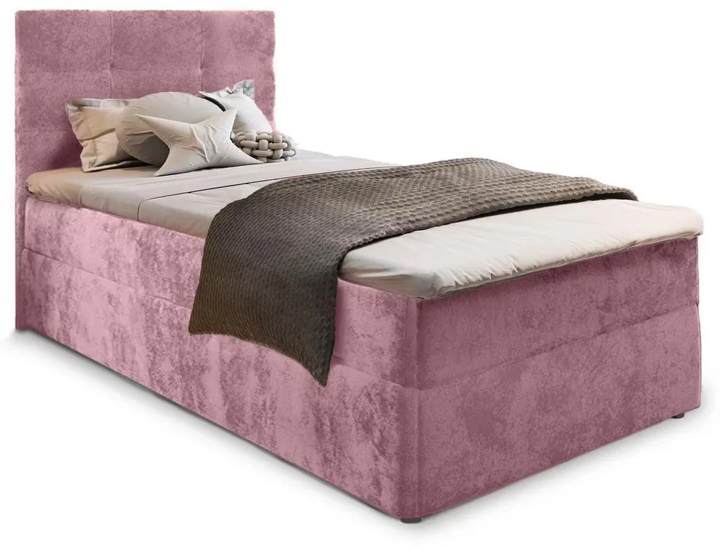 Pat tapițat boxspring GLORIEN VELVET 100x200 cm roz Saltea: Saltea cu arcuri Bonell