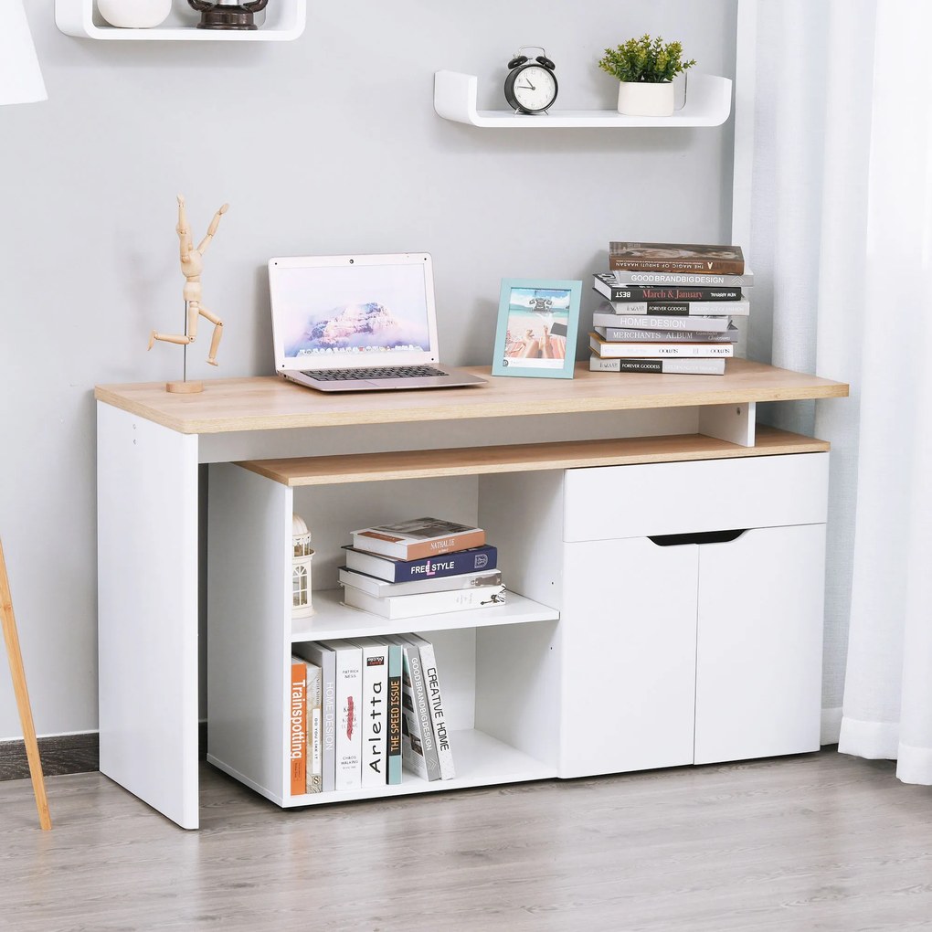 HOMCOM Birou cu Blat Extensibil pentru PC și Bibliotecă, 140x117x76 cm, Alb | Aosom Romania