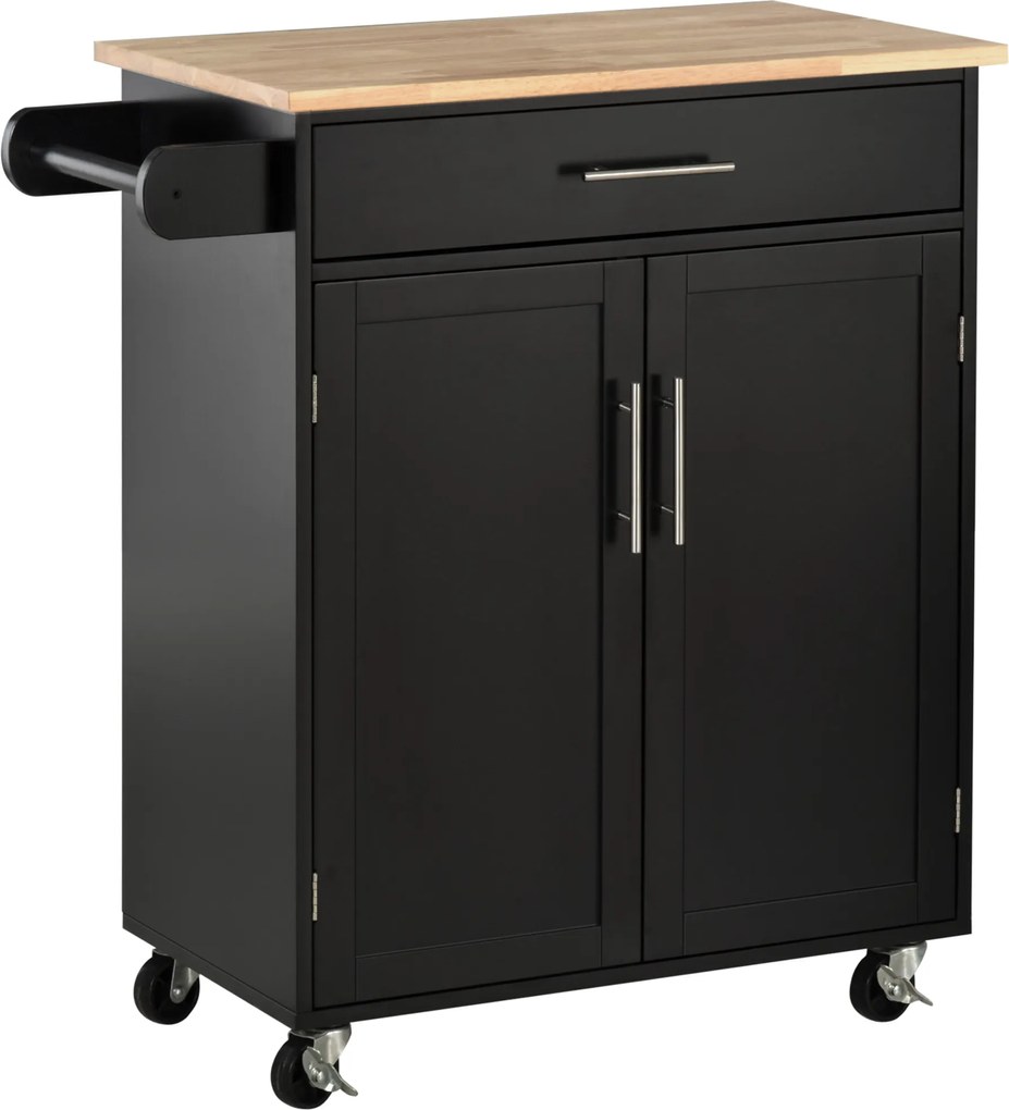 HOMCOM Cărucior de Bucătărie cu Sertar și Dulap cu 2 Uși, Insulă de Bucătărie cu roți și bară laterală, 83x45x91.5 cm, Negru | Aosom Romania