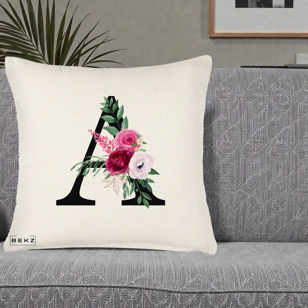Cadou Personalizat - Perna Personalizata Monograma Florala Litera A, 40x40 cm, Crem Reliefat, Husa Detasabila, Perna Inclusa, BEKZ®