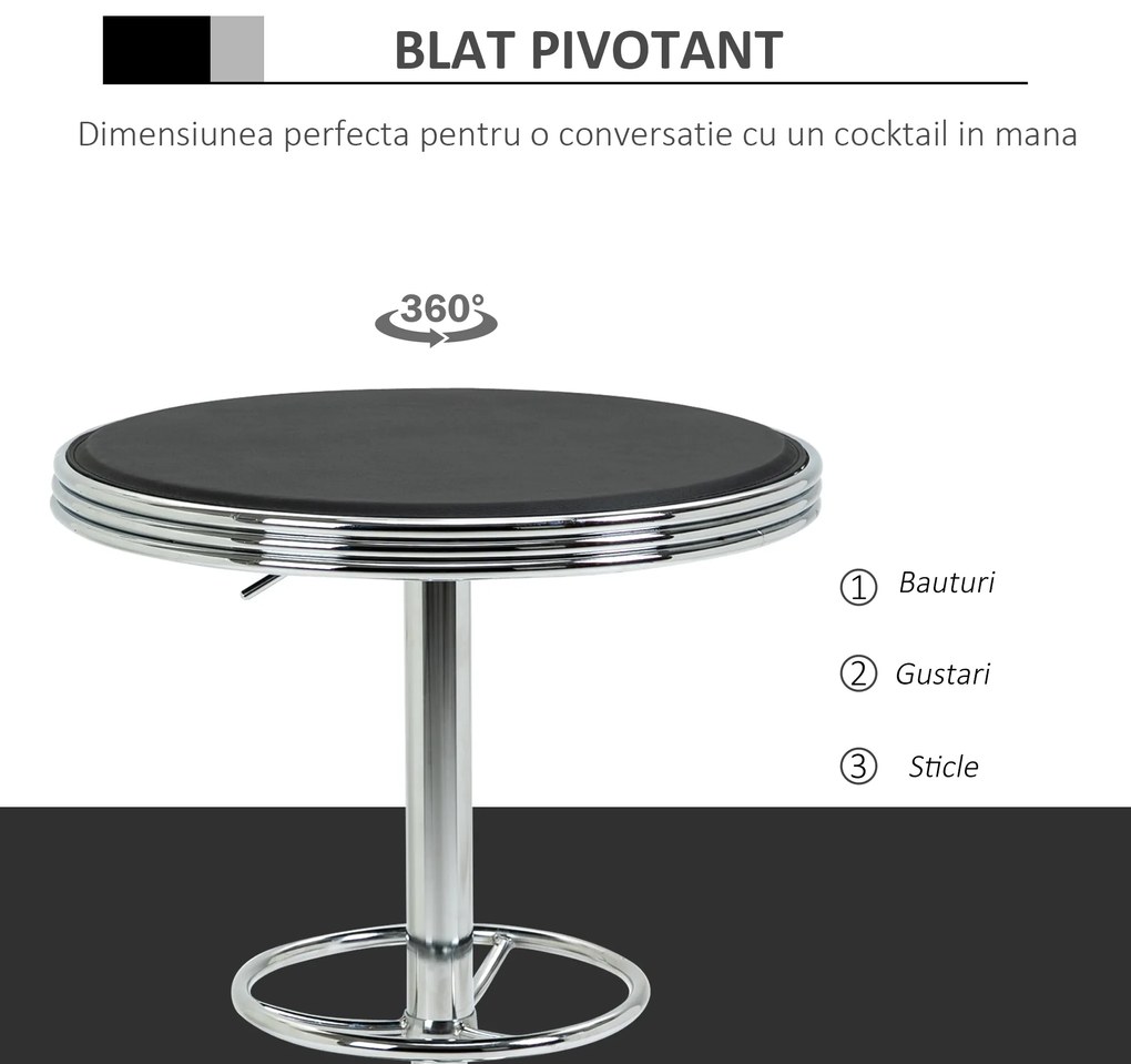 Masa Moderna de Bar HOMCOM, Multifunctionala, Metal si Imitatie de piele Neagra, Φ65x66-90cm | Aosom RO