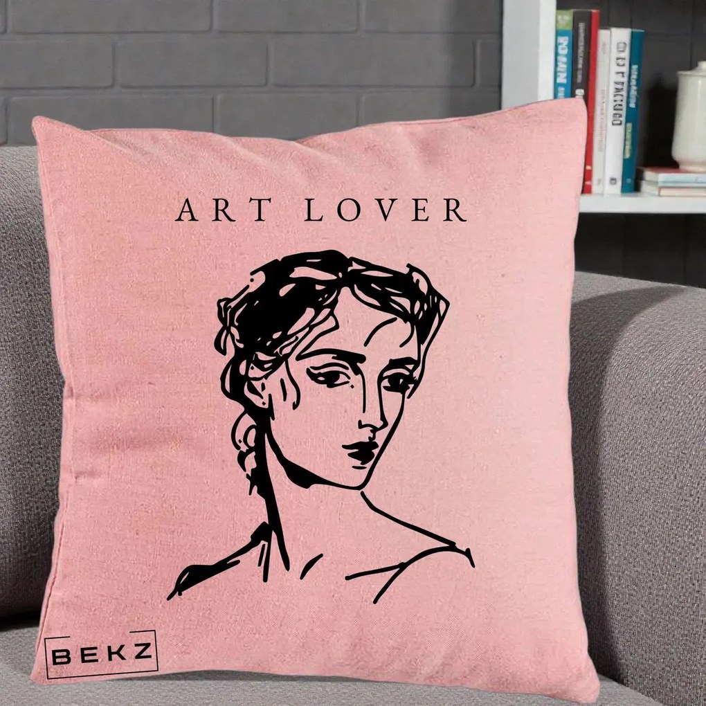 Perna Decorativa Art Lover Portret Grafic, 40x40 cm, Roz, Husa Detasabila, Perna Inclusa, BEKZ®