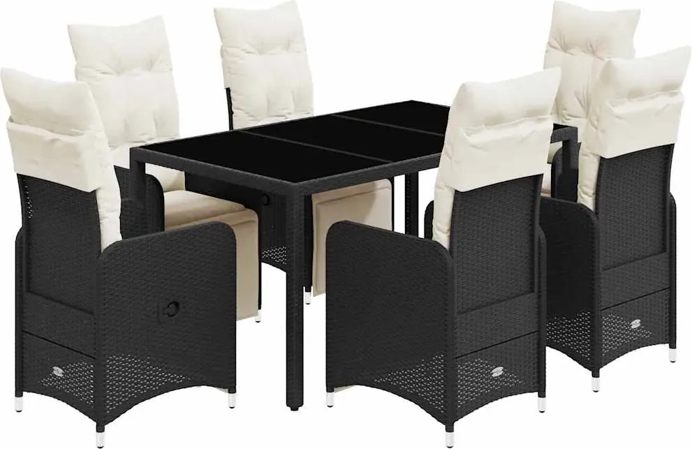 vidaXL Set bistro de grădină, 7 piese, cu perne, negru, poliratan