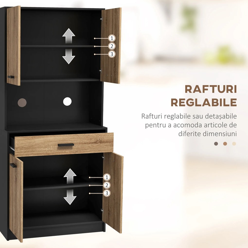 HOMCOM Dulap de bucătărie din lemn cu 2 dulapuri cu 2 uși și sertar, 80x40x180 cm, negru și culoare lemn | Aosom Romania