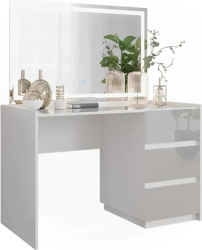 Masuta machiaj cu Oglinda LED si 3 Sertare pentru Cosmetice, Set Masa toaleta 120 cm, Alb Lucios, masuta cosmetica, vanity - SEA806