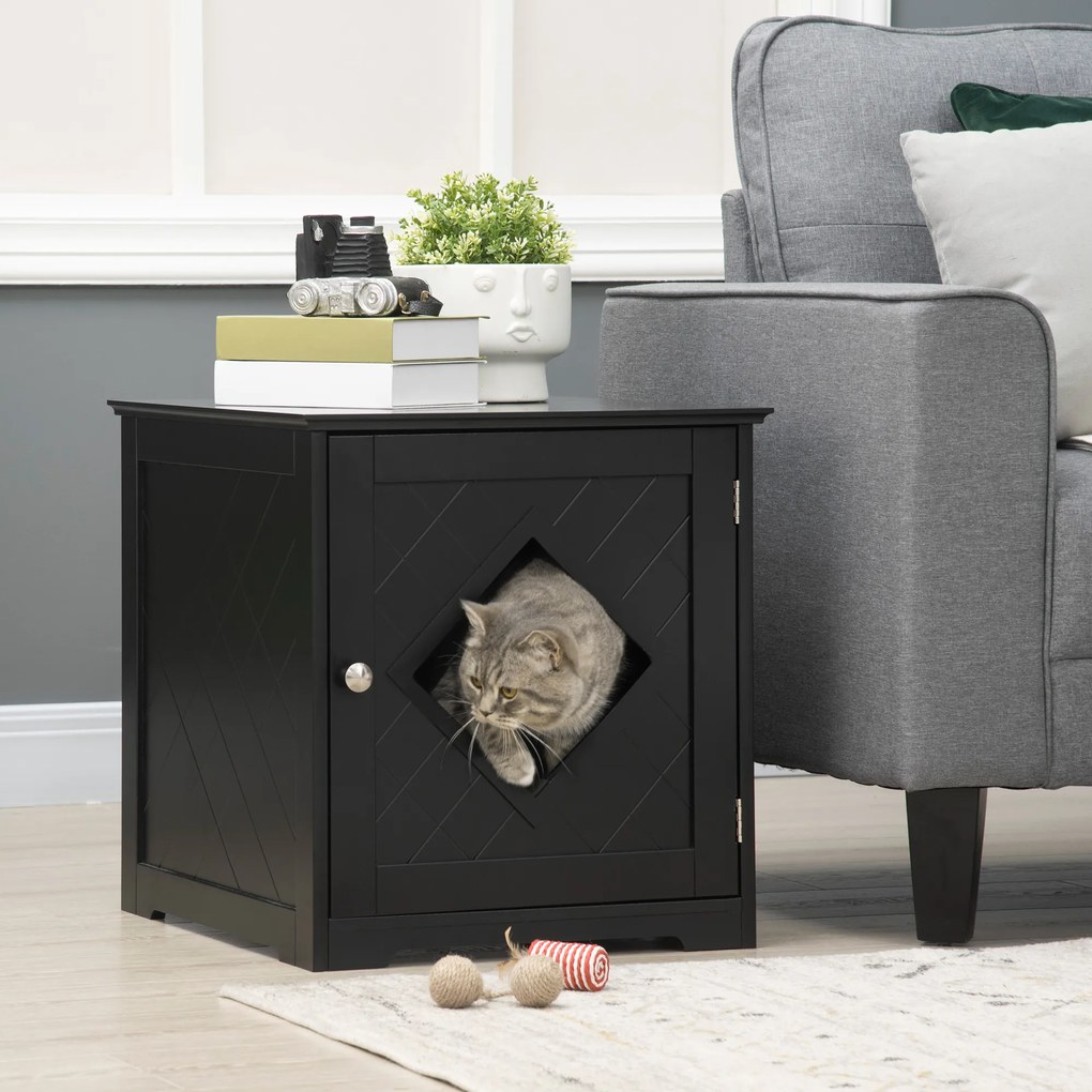PawHut Litiera Pisici Retractabilă cu Ușă și Raft Magnetic, MDF, 48.5x53x51.5cm, Design Elegant, Negru | Aosom Romania