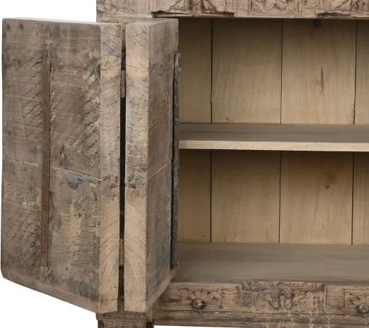 Bufet rustic din lemn reciclat, natur, cu 2 uși, decor sculptat manual și balamale fluture din metal, 92 x 167 x 51 cm, „Rigora”