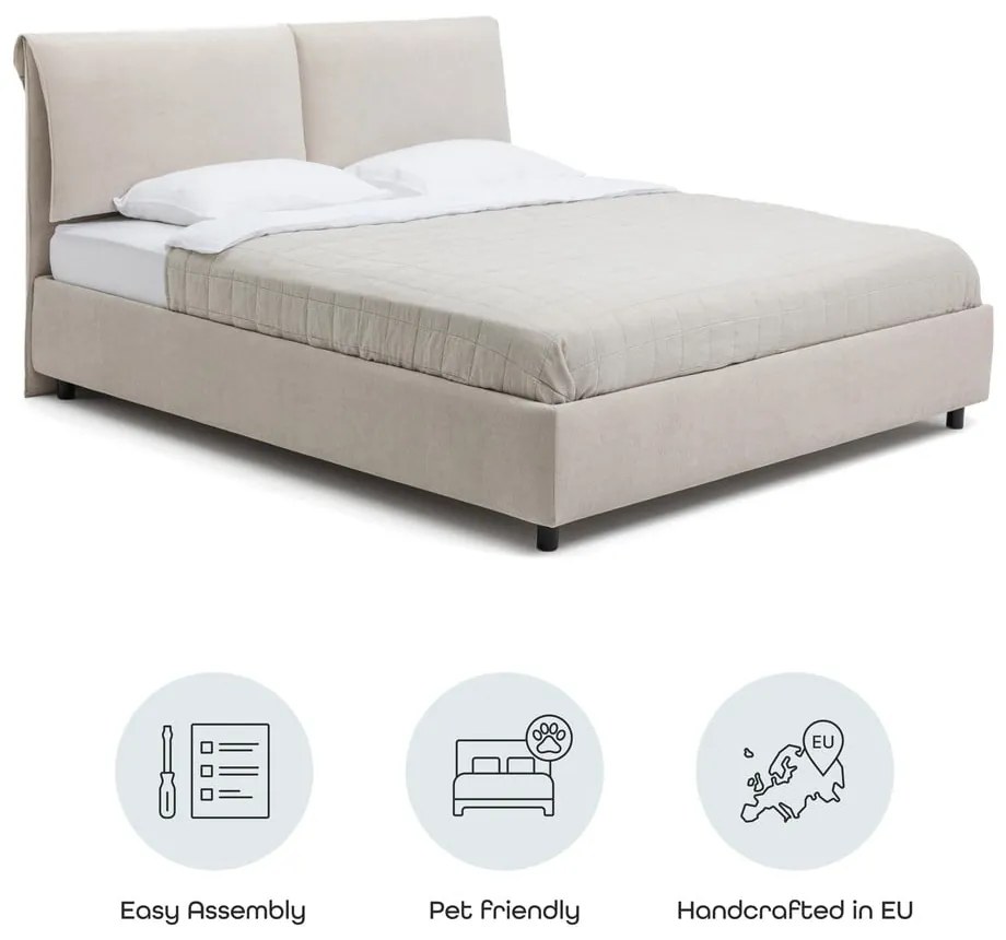 Pat matrimonial bej tapițat cu spațiu de depozitare cu somieră 160x200 cm Myra Pillow – Bonami Selection
