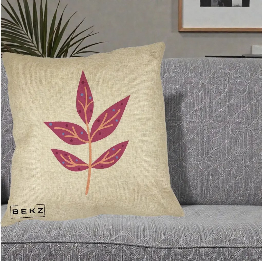 Perna Decorativa Ramura Botanica Mov, 40x40 cm, Crem, Husa Detasabila, Perna Inclusa, BEKZ®