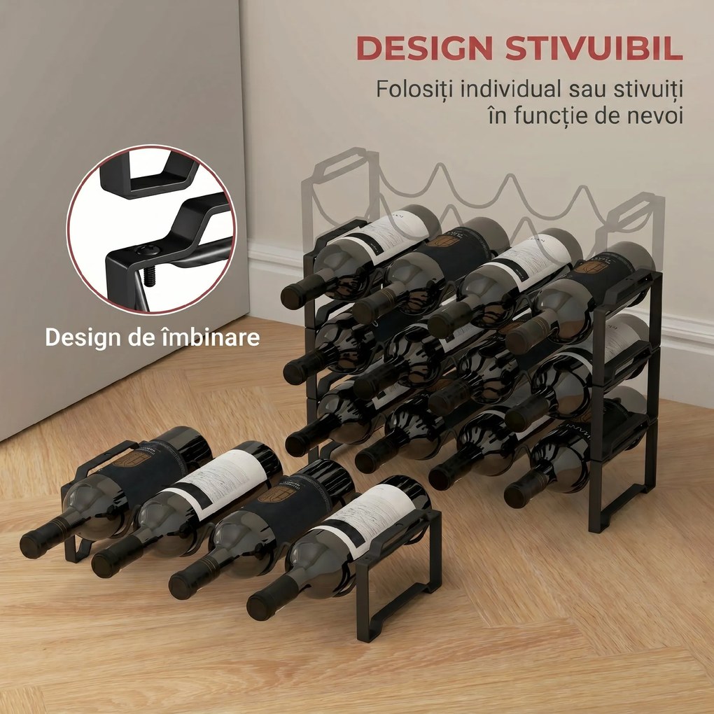 HOMCOM Suport pentru Sticle de Vin cu 4 Niveluri, 42,5x16,5x41 cm, Negru | Aosom Romania