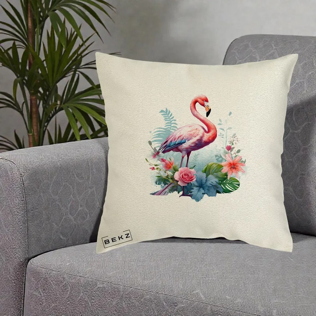Perna Decorativa Flamingo cu Flori Tropicale Acuarela, 40x40 cm, Ecru, Husa Detasabila, Perna Inclusa, BEKZ®