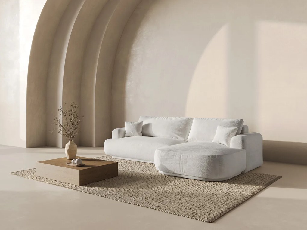 Coltar extensibil dreapta 5 locuri, modular, cu lada depozitare, Ella, Micadoni Home, 271x174x94 cm, tesatura boucle, bej deschis