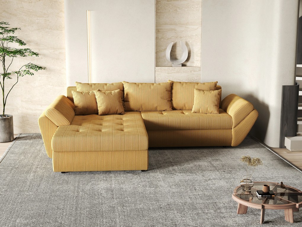 Colțar extensibil dumonde cu ladă de depozitare si sezut confortabil din spuma high-density, Loana Zoom Mustar 270x185 cm