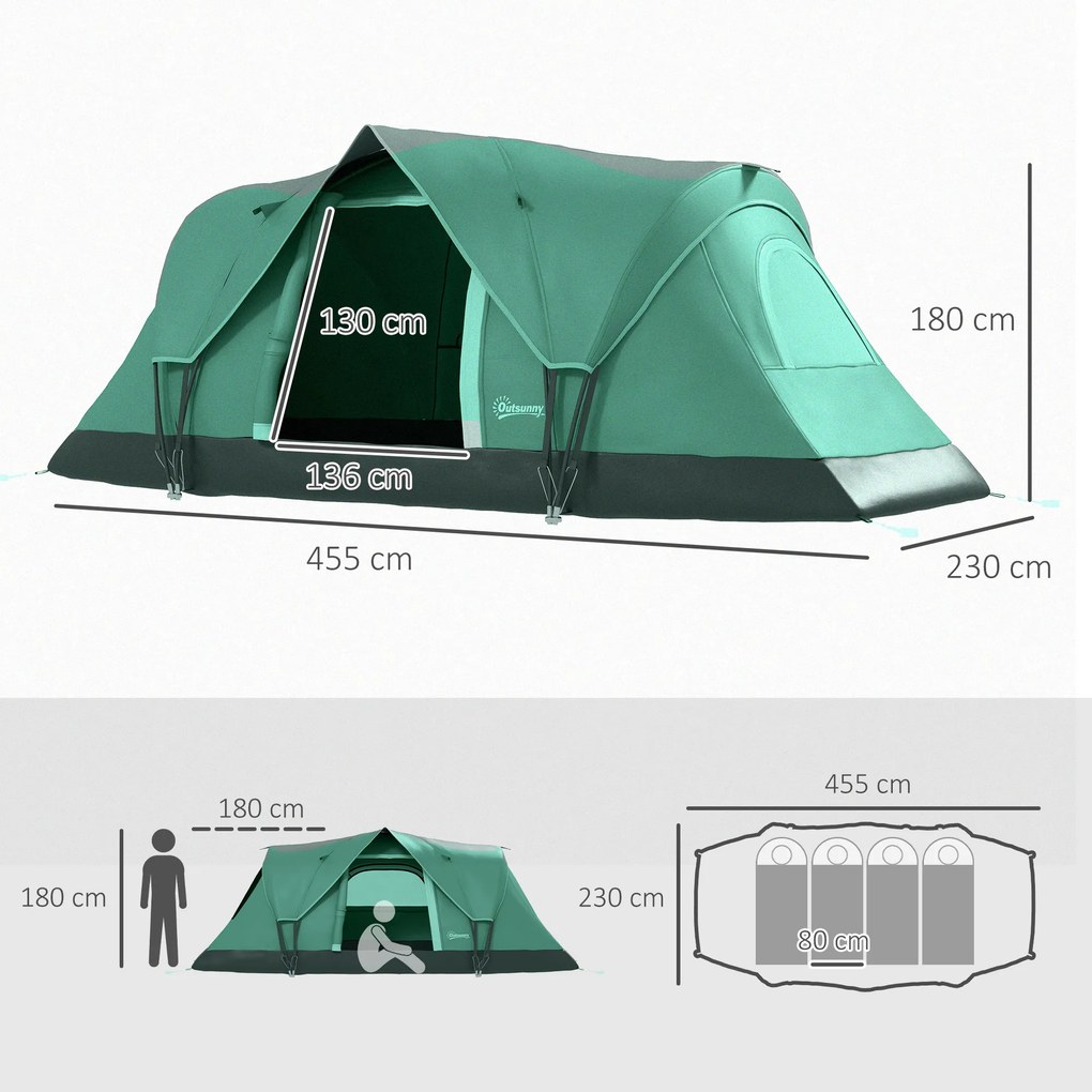 Outsunny Cort de Camping pentru 4 Persoane Impermeabil cu Protecție UV, Ferestre și Stâlpi, 4.55x2.3x1.8 m, Verde | Aosom Romania
