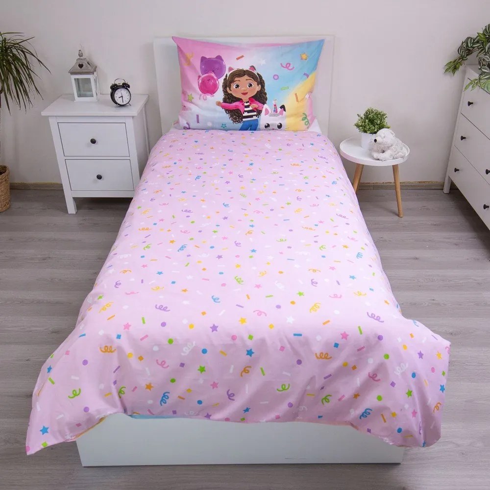 Lenjerie de pat pentru copii roz din bumbac pentru pat de o persoană 140x200 cm Gabby's Dollhouse "Rainbow" – Jerry Fabrics