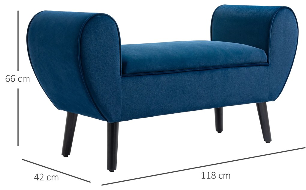 Banca Depozitare Capitonata HOMCOM, Banca Capatul patului din Tesatura Catifelata cu Cotiere, 118x42x66cm, Albastru inchis | Aosom Romania