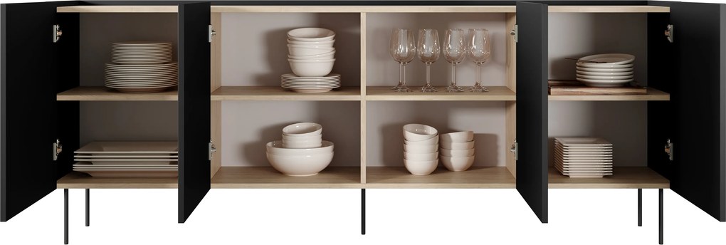 Comodă Desin 220 cm cu patru uși - negru mat / stejar Nagano