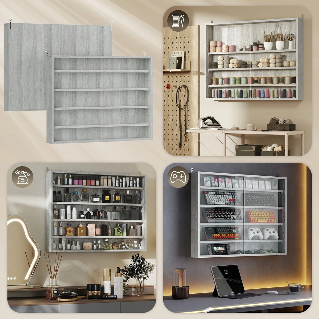 HOMCOM Dulap Tip Vitrină de Expoziție cu Rafturi Reglabile, Montată pe Perete, Negru | Aosom Romania