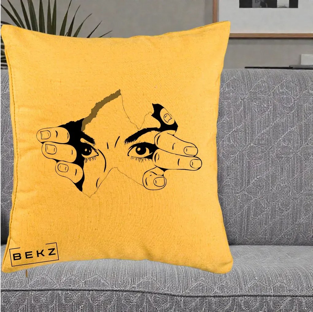Perna Decorativa Ochi care Rup Suprafata, 40x40 cm, Galben, Husa Detasabila, Perna Inclusa, BEKZ®