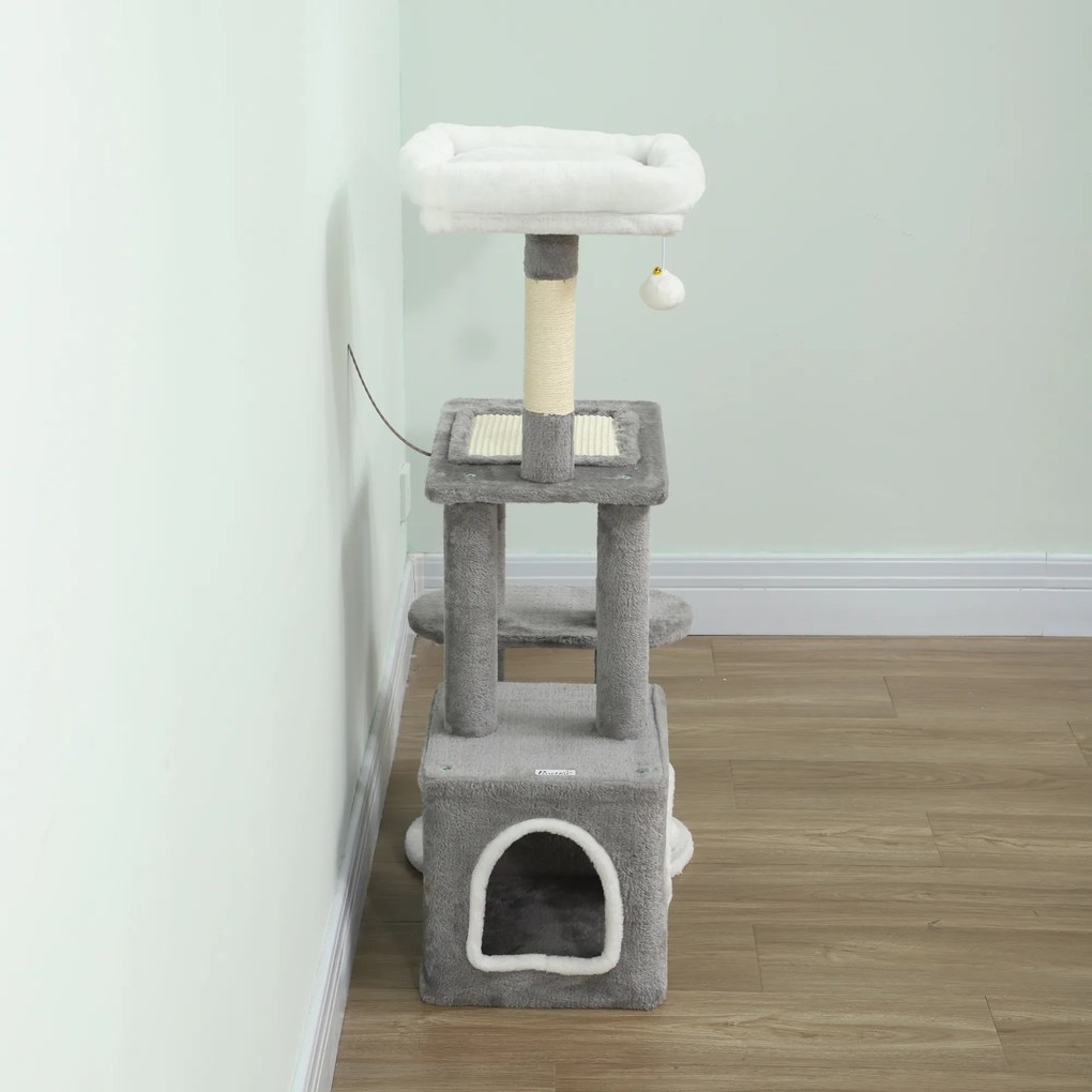 PawHut Ansamblu de joacă zgârietoare pentru pisici cu căsuță, pat și 2 mingi, din lemn și pluș, 55x40x107 cm, gri și alb | Aosom Romania