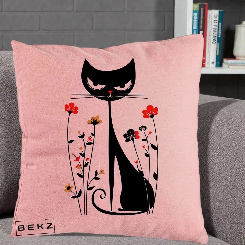 Perna Decorativa Pisica Neagra Grafica Flori Rosii, 40x40 cm, Roz, Husa Detasabila, Perna Inclusa, BEKZ®