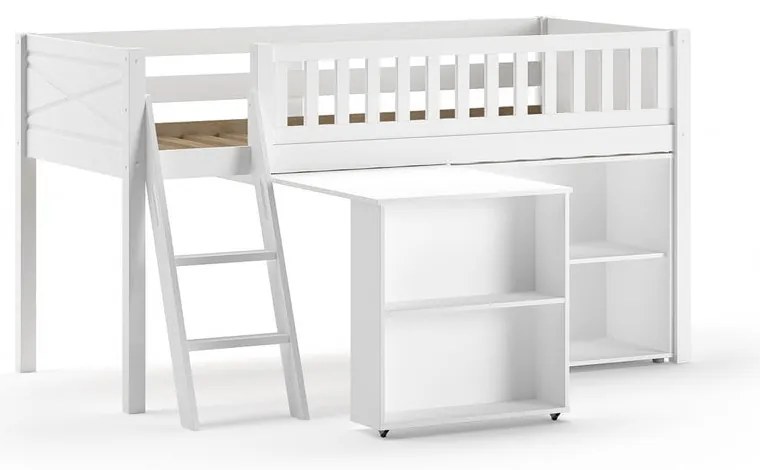 Pat pentru copii alb înalt din lemn masiv de pin cu spațiu de depozitare 90x200 cm SCOTT – Vipack