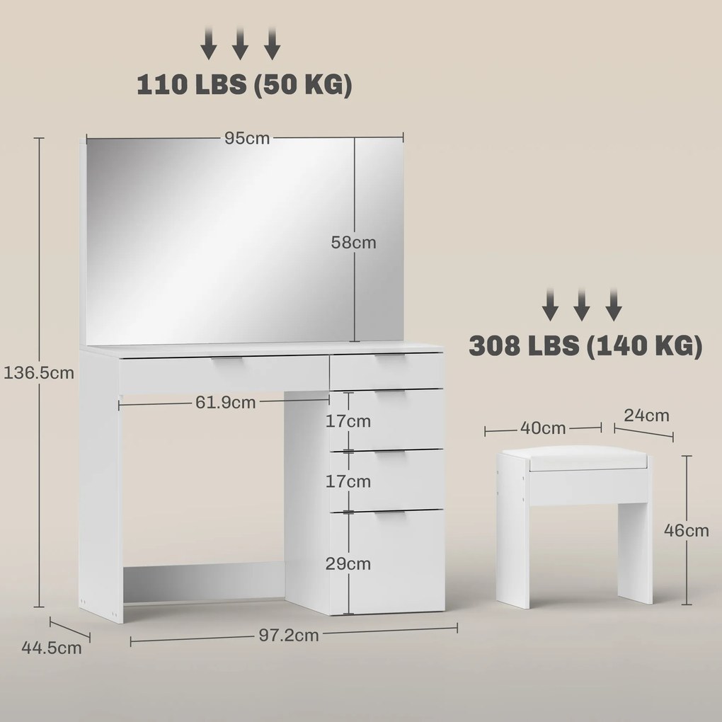 HOMCOM Set Masă de Toaletă cu Oglindă și 5 Sertare și Taburet de Machiaj Tapițat, 97,2x44,5x136,5 cm, Alb | Aosom Romania