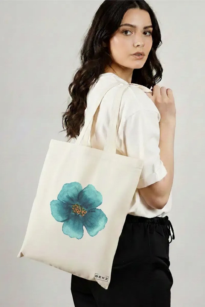 Sacosa de Panza pentru Cumparaturi, Geanta Tote, model Floral Albastru, 38x34.5 cm, Alba, BEKZ®