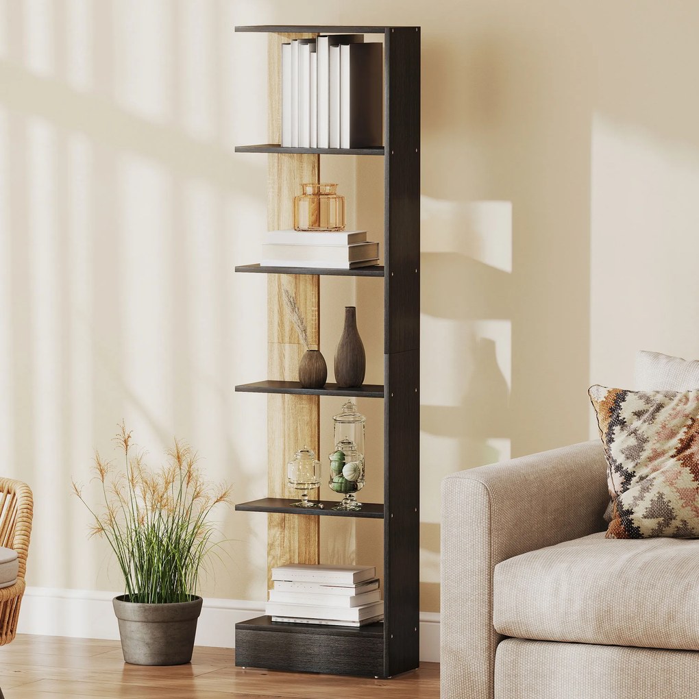 HOMCOM Raft-bibliotecă de depozitare cu 5 compartimente deschise 45 x 21 x 170 cm Negru și Stejar | Aosom Romania