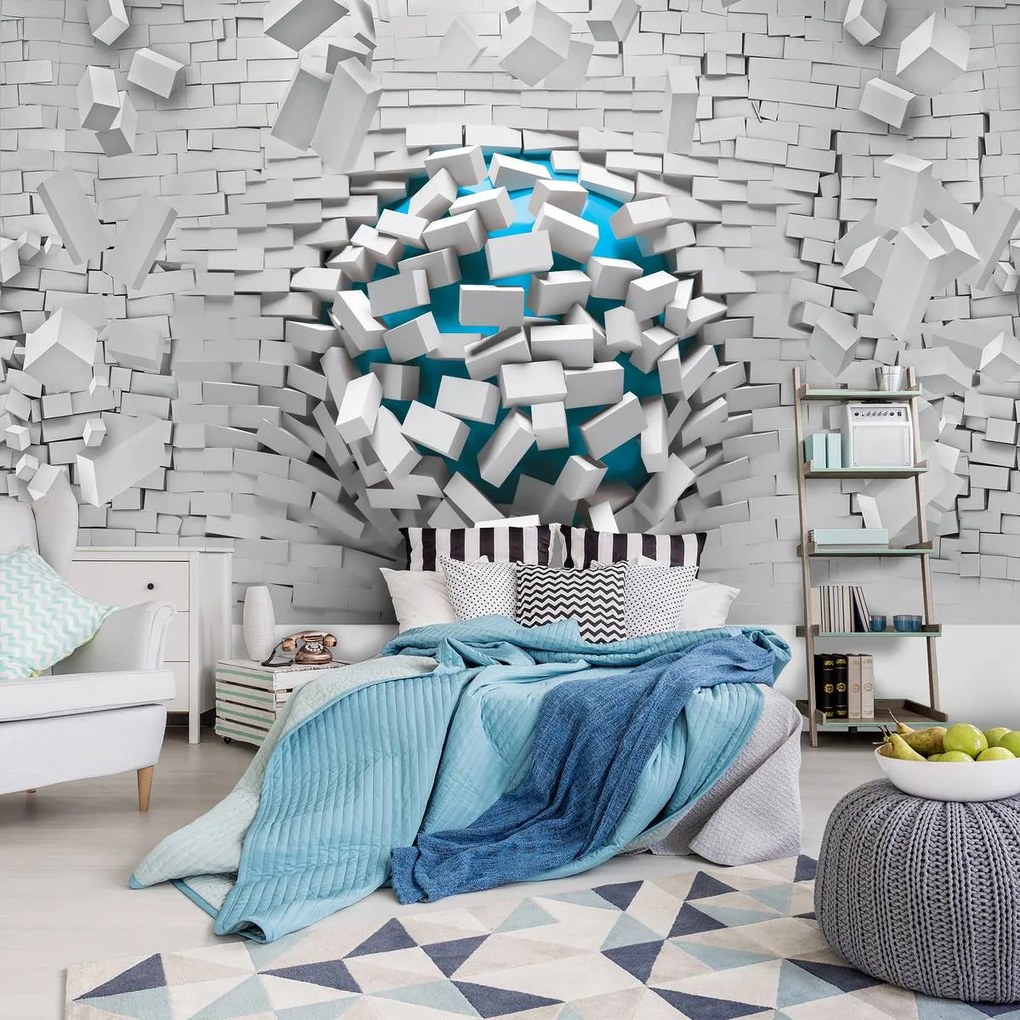 Fototapet - 3D mingea albastră și peretele alb din cărămizi (152,5x104 cm)