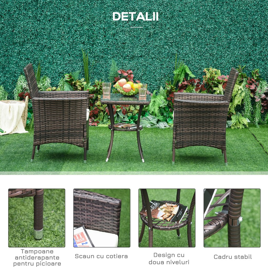 Outsunny Set Mobilier Gradina din Ratan 2 Fotolii Terasa si Masa de Cafea in Sticla cu Perne Decorative, 48x48x60cm Maro | Aosom.ro | Aosom Romania