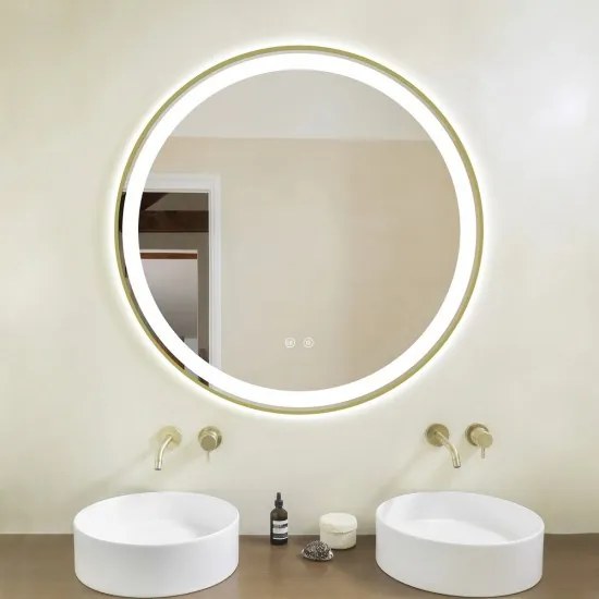 Oglindă Baie LED și Dezaburire Elit's Premium cu Senzor Touch, Lumina Rece, Caldă și Neutră, 70cm,rama Gold
