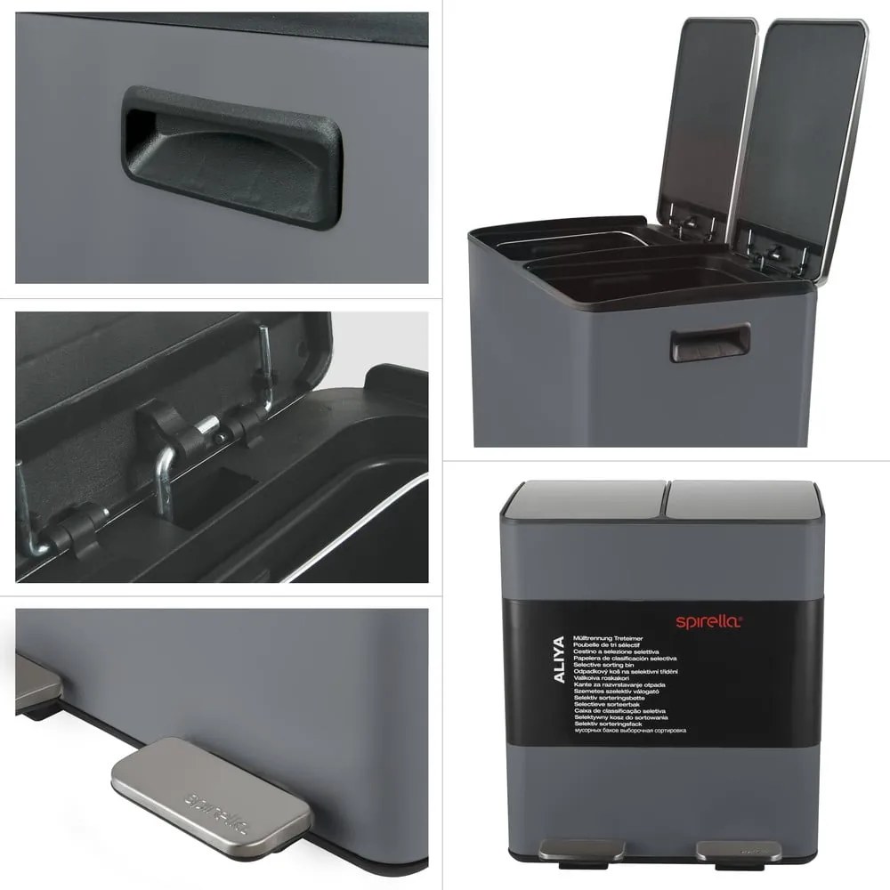 Coș de gunoi gri închis pentru reciclare/cu pedală 2x20 l din oțel Aliya – Spirella